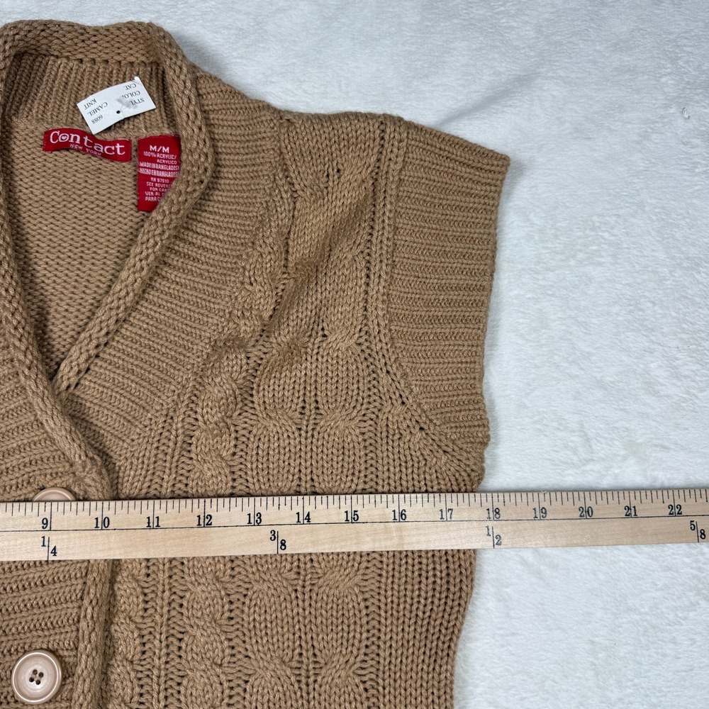 VTG Contact NY Camel Cable Chuncky Fisherman Academia Knit Button Front Vest M - Picture 5 of 6